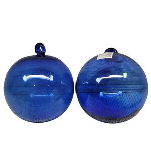 2 Blue Glass Floats Ornaments Old Time‎ Pottery Giant Christmas Ornament Vtg 5"